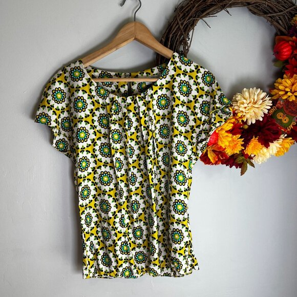 Boden Retro 60s Mod Floral Print Ravello Blouse 4US Yellow Silk Blend - Picture 1 of 7